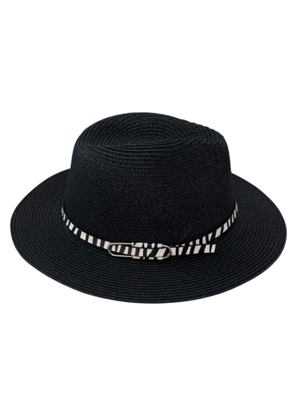 Black Straw Fedora with Black & White Band